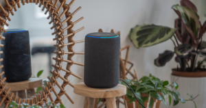 Alexa smart speaker in living room with mirror