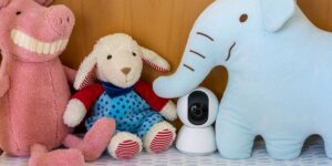 Nanny cam hidden among stuffed animals