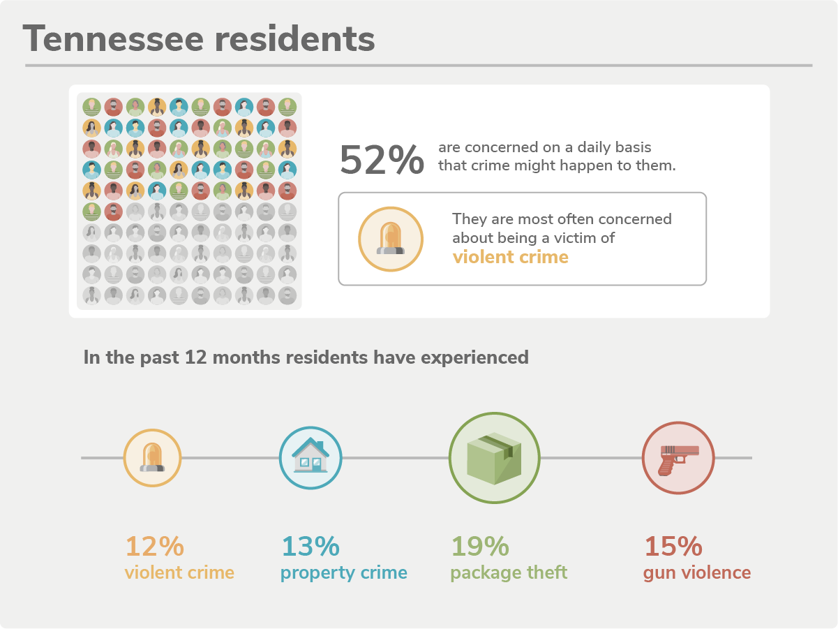 Pictogram showing the percentage of state residents that are concerned about their safety on a daily basis, as well as which type of crime they are concerned about the most, and which crimes they have experienced within the past 12 months. Crimes include violent crime, property crime, package theft and gun violence.