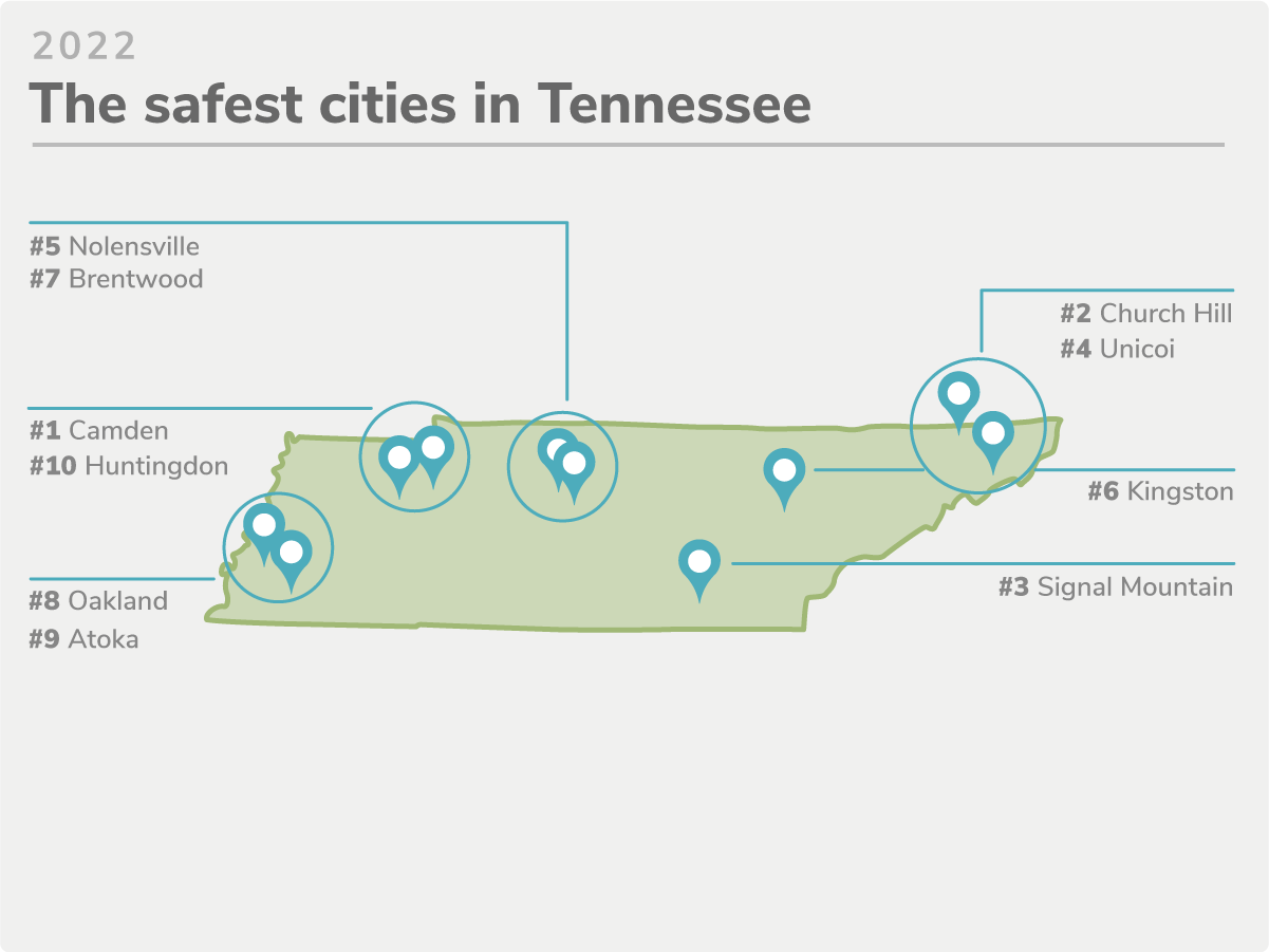 Map of state with markers and labels highlighting the cities with the lowest crime rates.