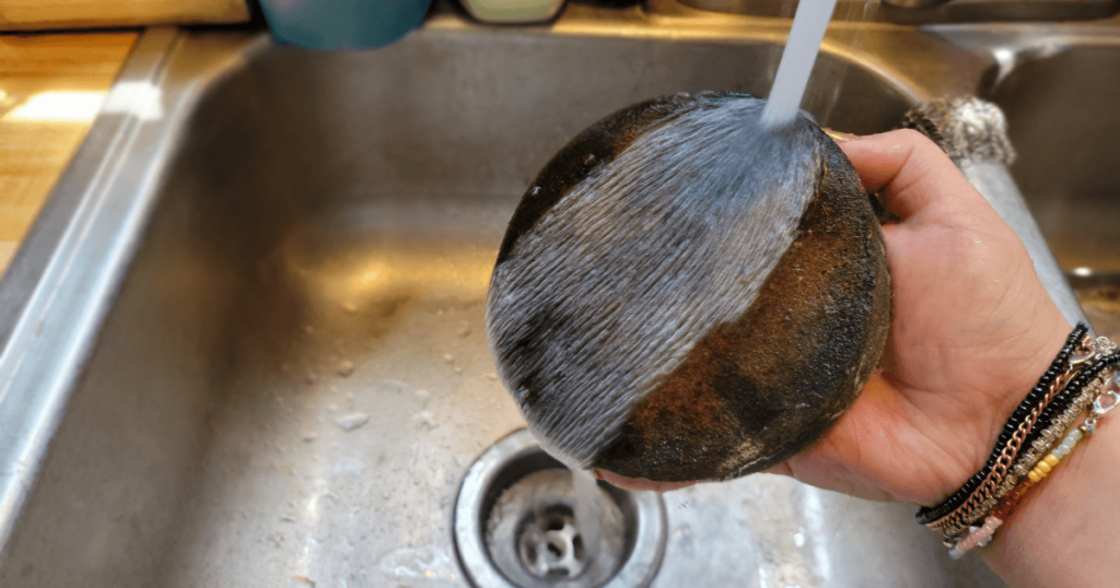 Hand holding a filter under running water over a sink