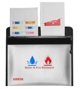 absok branded fireproof document bag with red and blue logos