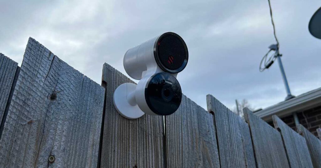 Deep Sentinel camera on a fence during our testing.