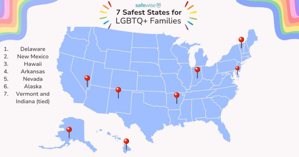 Map of the US with the top states for LGBTQ+n families highlighted.