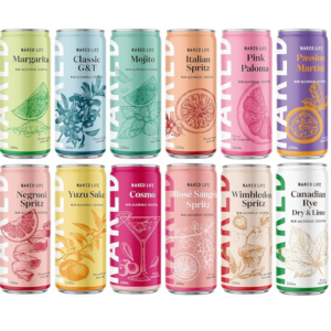 Colourful cans of non alcoholic Naked Life mocktails