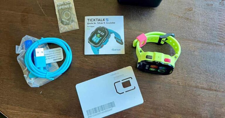 Tick Talk 5 watch, charger, Quick Start Guide, SIM card out of the box