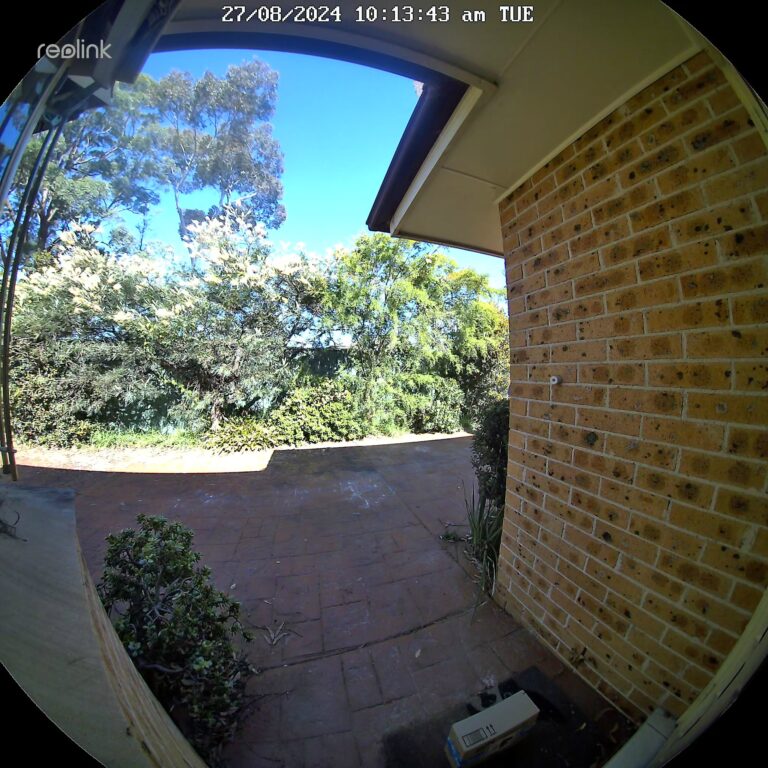 A daytime shot of the Reolink Doorbell Battery's live view, showing a front doorstep looking out to some green hedges.