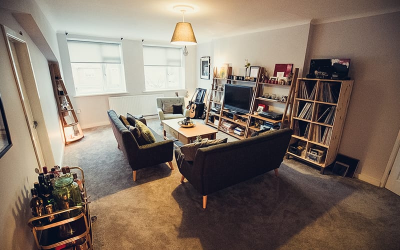 apartment living room with couches tv books