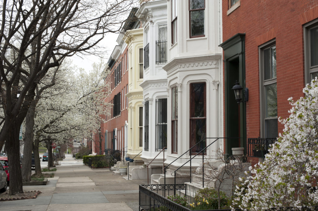 Historic row houses in Midtown of Baltimore, Maryland, USA